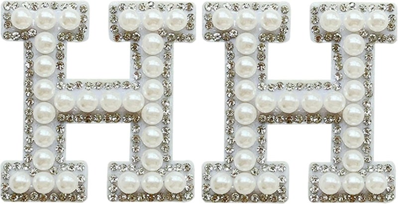 SOYCEV 2PCS White Pearl Iron on Rhinestone & Sequin Sparkly Letter Patches for Backpacks & Clothing (H) - Image 1